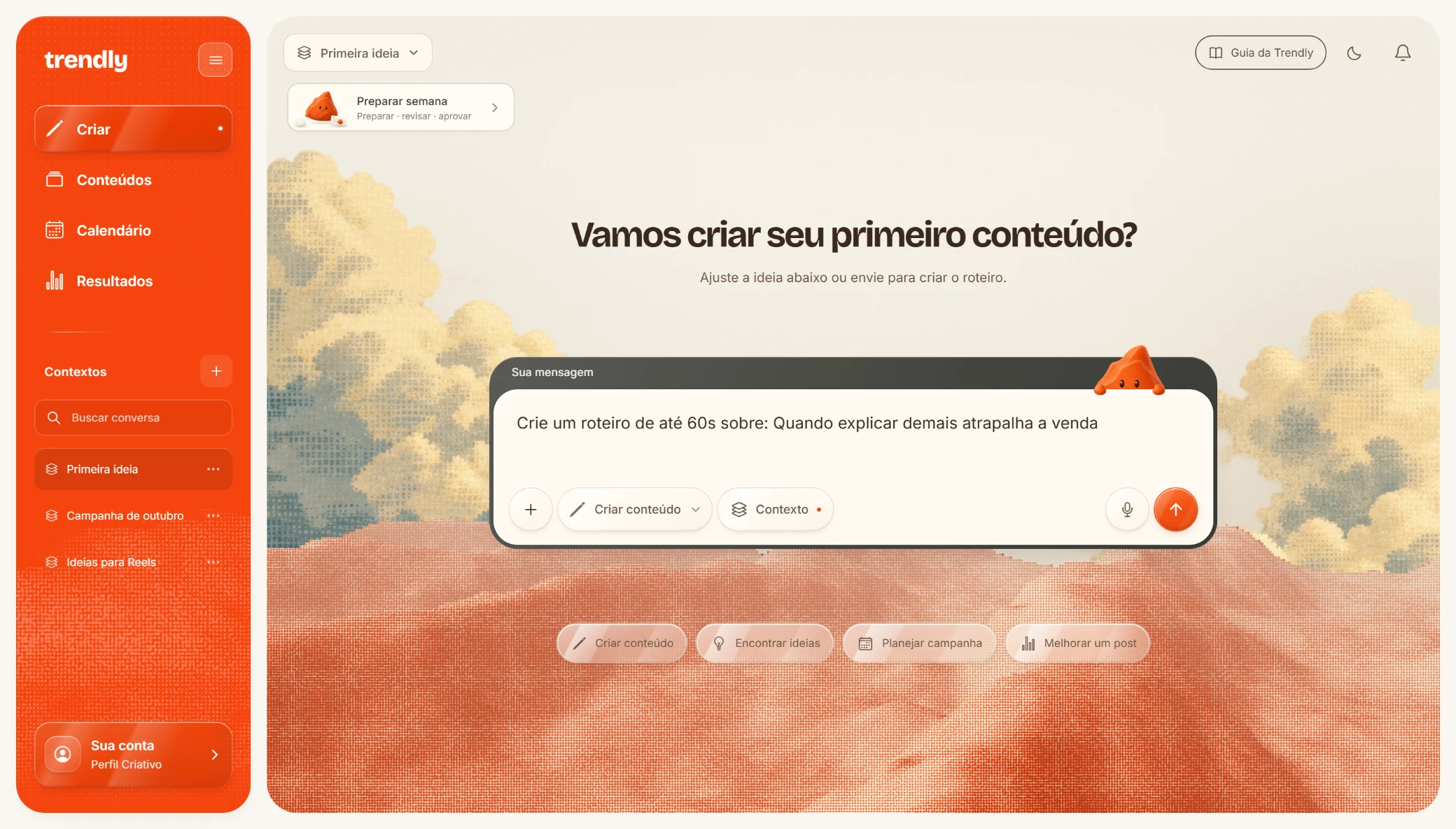 A tela Criar da Trendly, com o chat no centro, o Pico e a barra lateral laranja